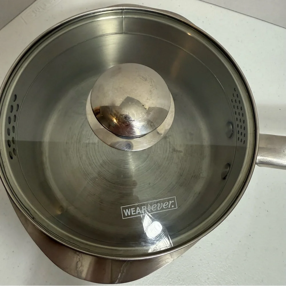 WearEver Stainless Steel 2 Qt Saucepan with‎ Double Pour Spouts & Strainer Lid